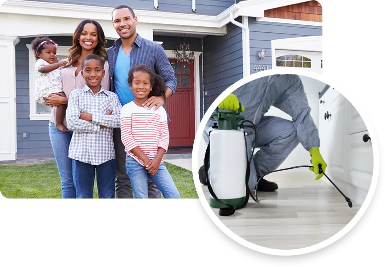 happy family standing outside of their pest free home